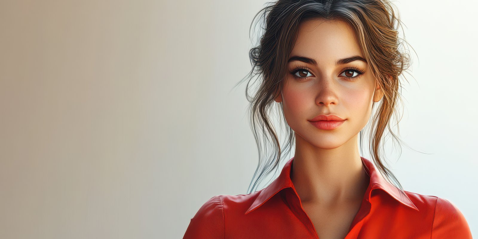 Portrait of a young woman with warm expression and casual style in a softly lit environment
